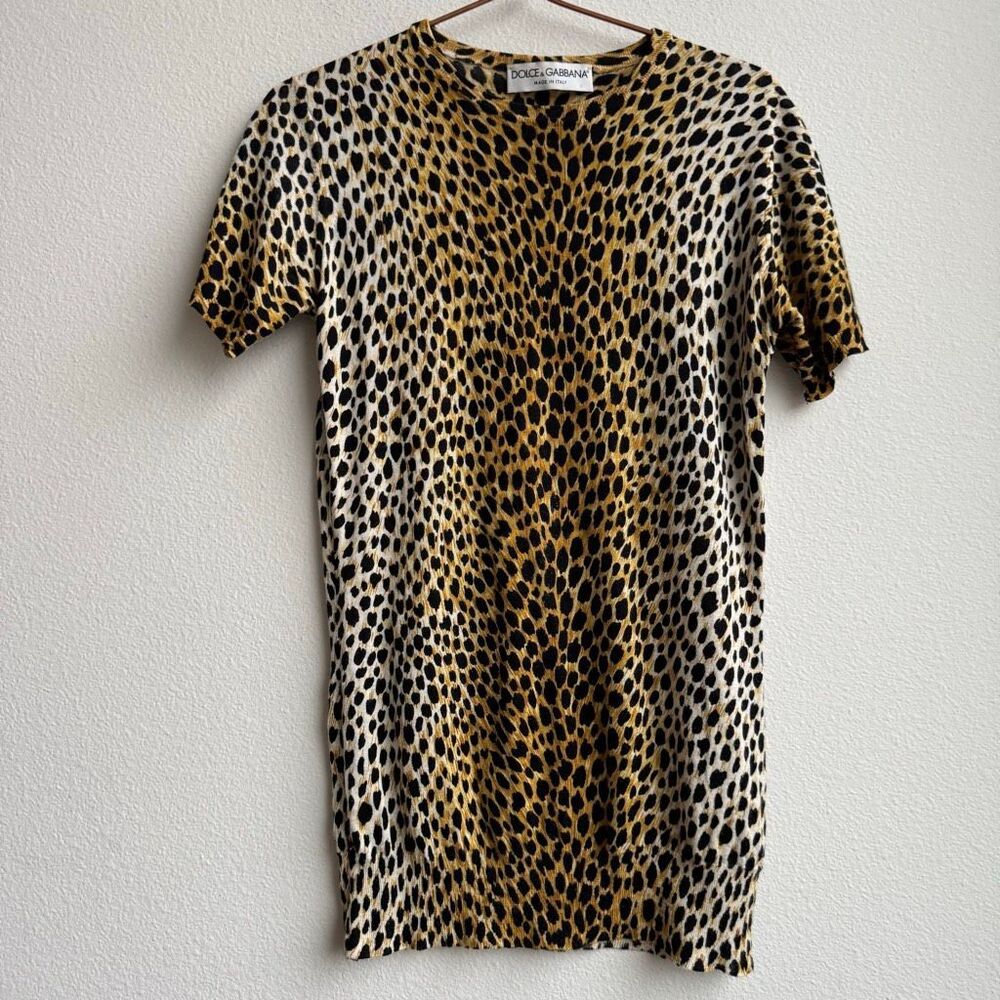 Dolce & Gabbana Silk Cashmere Short Sleeve Leopard Animal Sweater Top Size Small